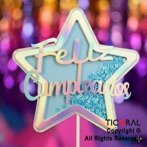 CAKE TOPPER CON CONFETTI ESTRELLA FELIZ CUMPLEA�OS CELESTE (U24-223) X 1